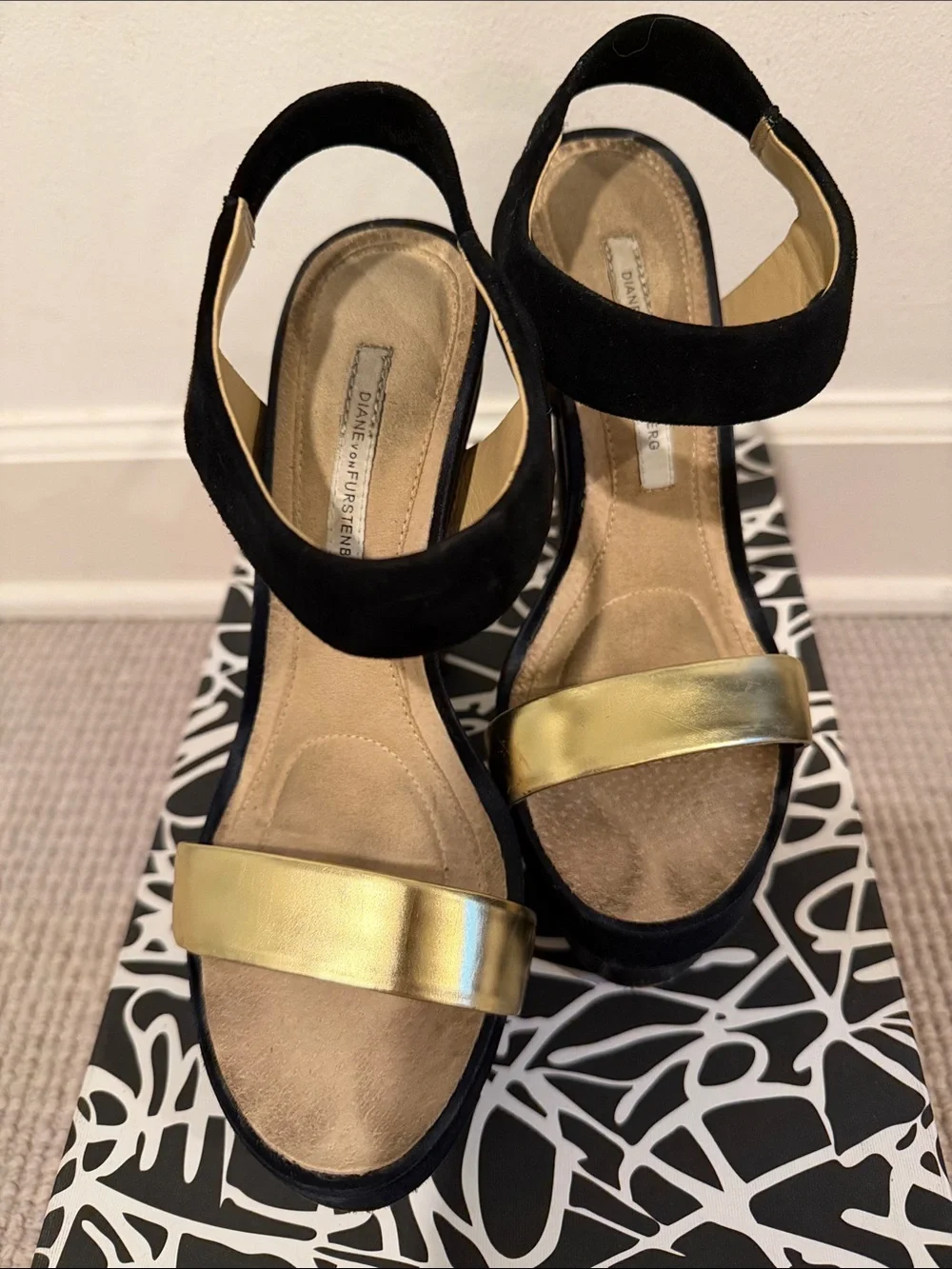 Diane Von Furstenberg Black and Gold Platform Block Heel Sandals